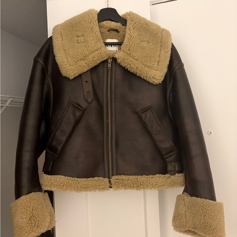 Zara Dark Brown Leather Aviator Jacket with Tan Shearling